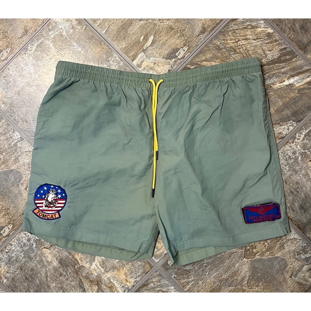 RSVLTS Top Gun Swim Trunks Mens 2XL Green Lined Maverick Tomcat Patches